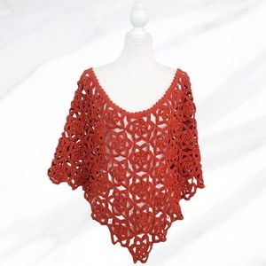 Auburn Floral Handmade Crochet Knitted Burnt Red Orange Poncho Cape Sweater